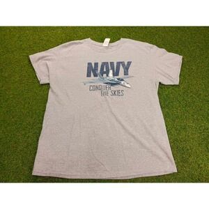 Navy Conquer The Skies T Shirt Mens Large Heather Gray Cotton Spellout‎ Graphic